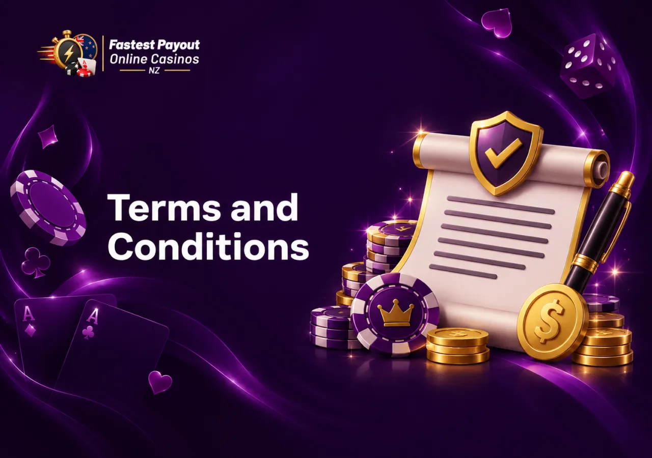 The terms and conditions explain website usage rules, review criteria and information about Fastest Payout Online Casinos for New Zealand players.